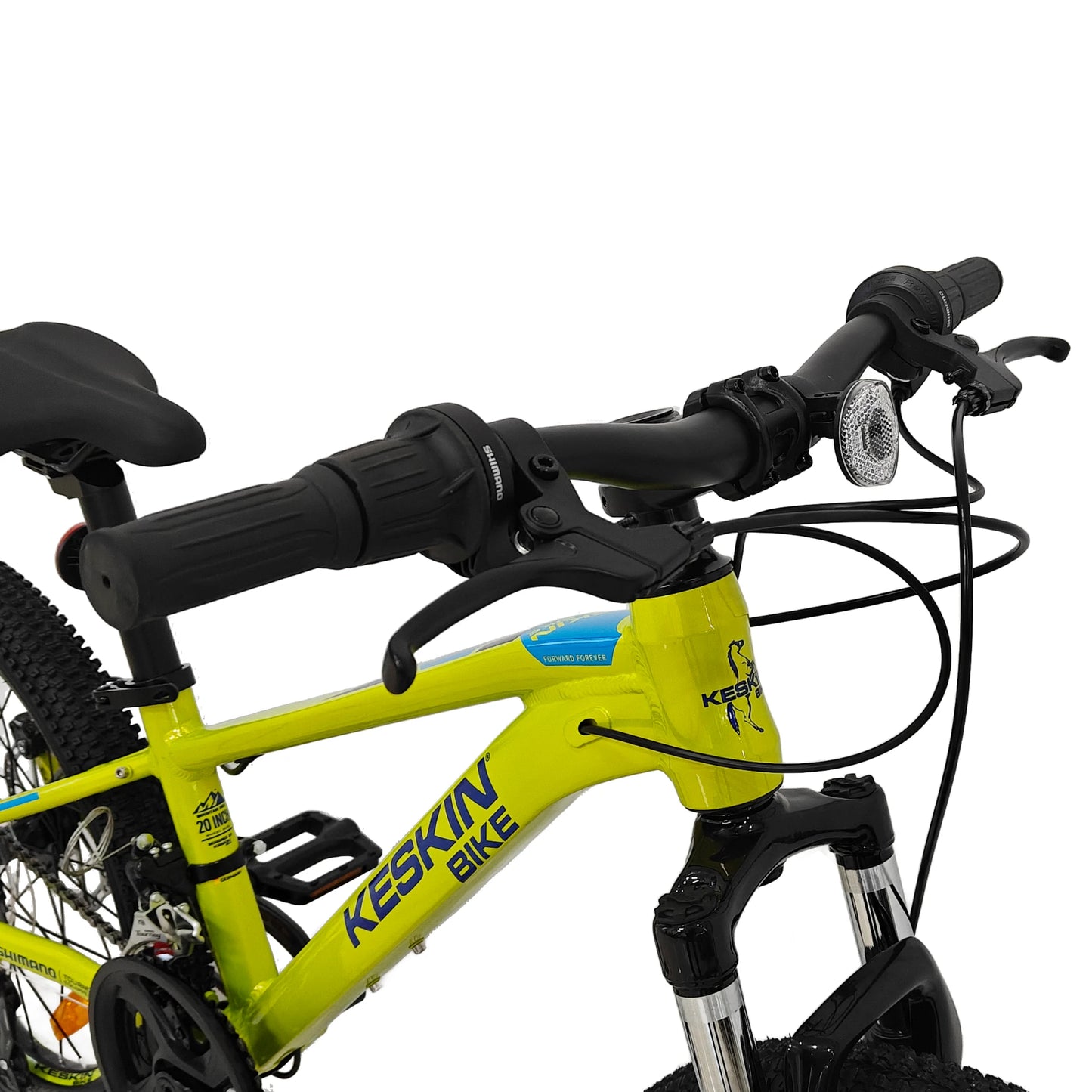 Keskin Bike Kinderfahrrad MTB1 20 Zoll in Neon Grün in rechter Oberansicht – schnelle Expresslieferung innerhalb Deutschlands für ein stabiles und zuverlässiges Kinder-MTB.