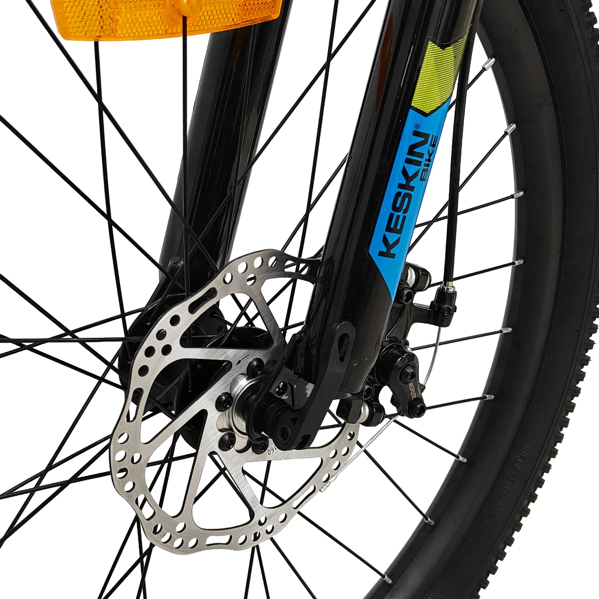 Keskin Bike Kinderfahrrad MTB1 20 Zoll in Neon Green, Vorderansicht der Scheibenbremse – schnelle Expresslieferung innerhalb Deutschlands für ein stabiles Kinder-MTB