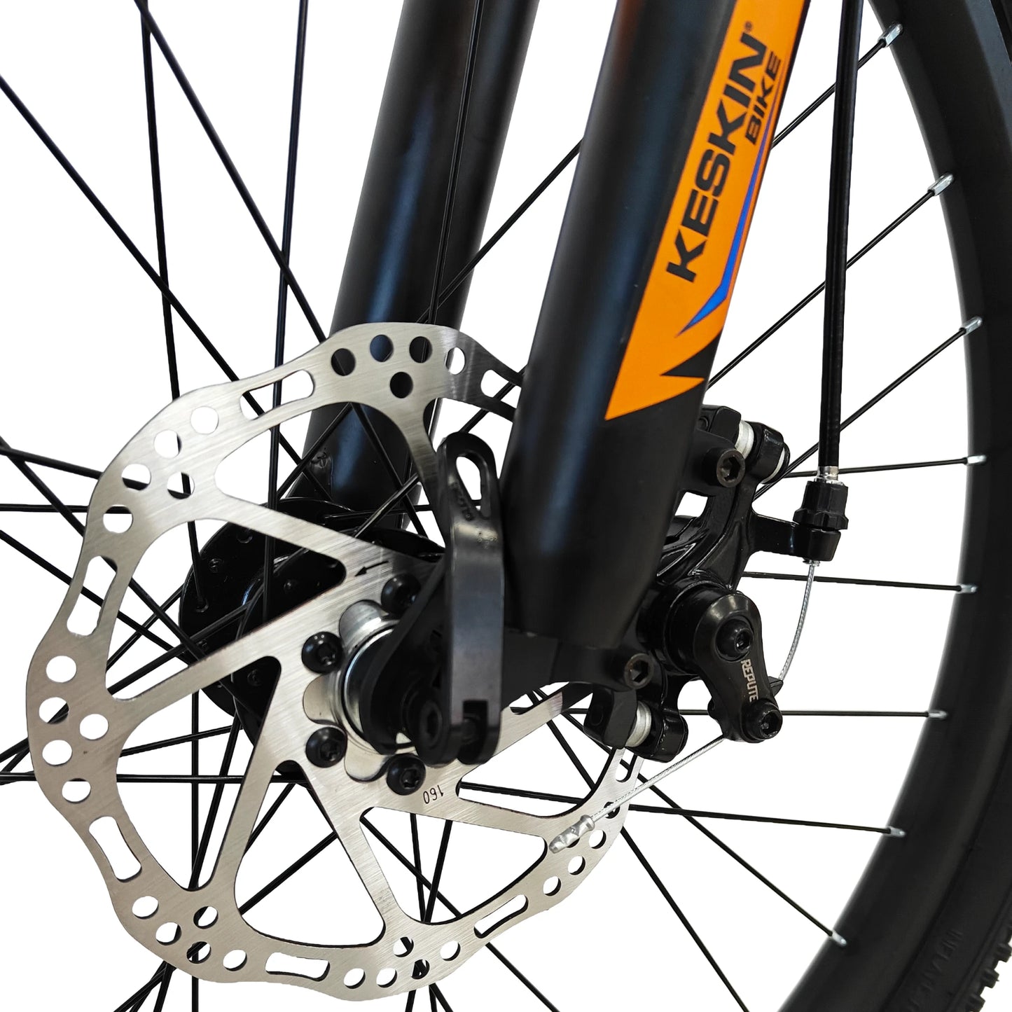 Keskin Bike Kinderfahrrad MTB1 24 Zoll in Orange, Vorderansicht der Scheibenbremse – schnelle Expresslieferung innerhalb Deutschlands für ein stabiles und zuverlässiges Kinder-MTB