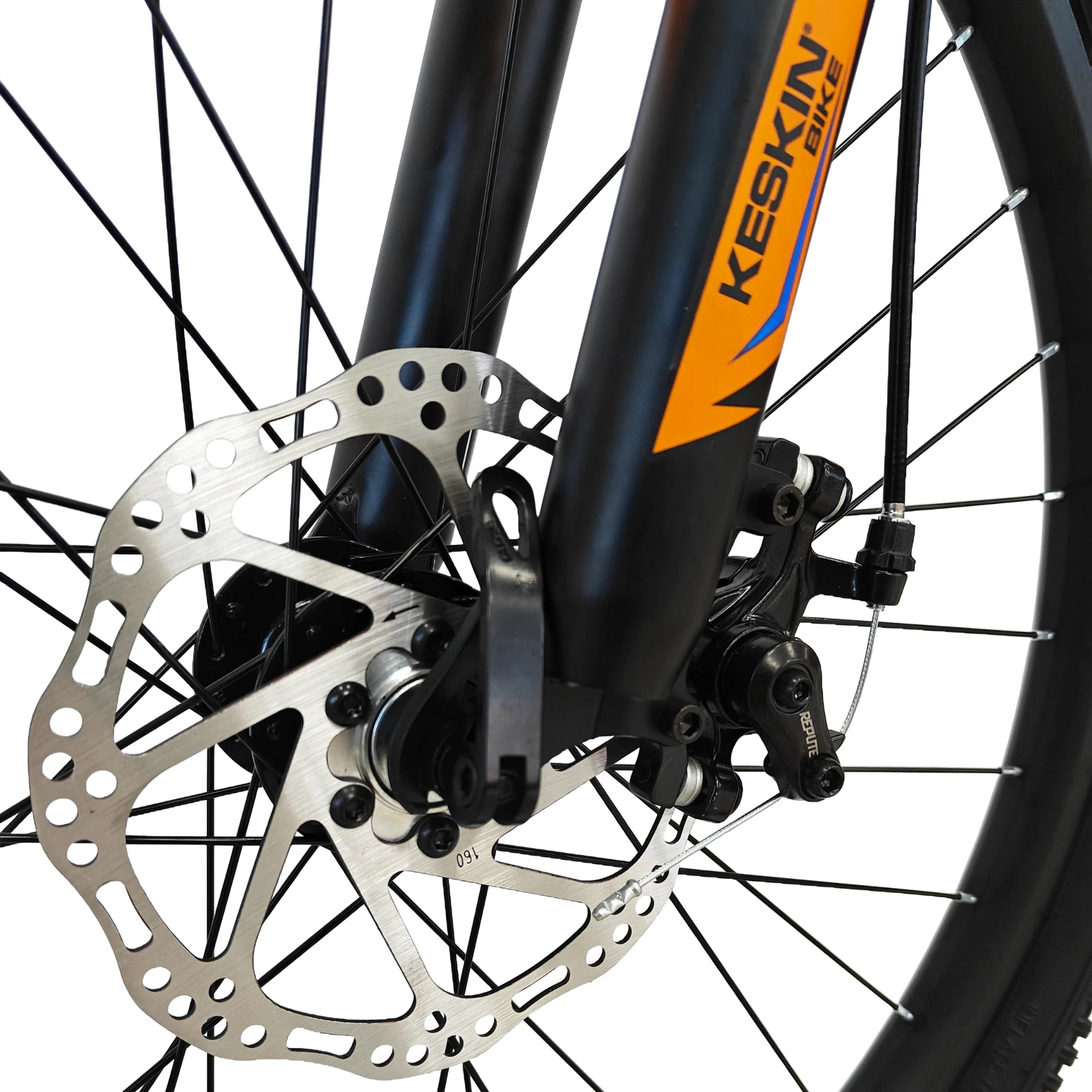 Keskin Bike Kinderfahrrad MTB1 24 Zoll in Orange, Vorderansicht der Scheibenbremse – schnelle Expresslieferung innerhalb Deutschlands für ein stabiles und zuverlässiges Kinder-MTB