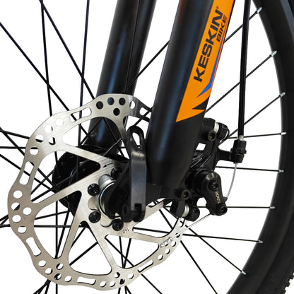 Keskin Bike Kinderfahrrad MTB1 24 Zoll in Orange, Vorderansicht der Scheibenbremse – schnelle Expresslieferung innerhalb Deutschlands für ein stabiles und zuverlässiges Kinder-MTB